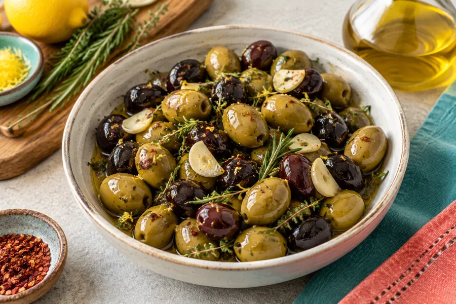 Aceitunas marinadas con hierbas