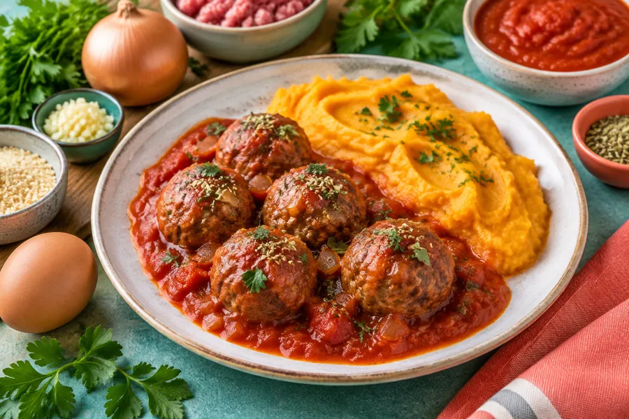 Albóndigas en salsa de tomate con puré de calabaza