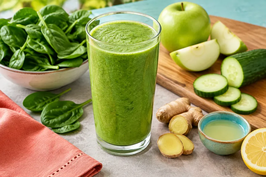 Batido verde de espinaca, manzana y jengibre