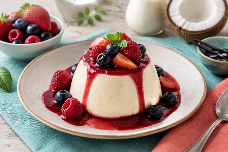 Bavaroise de vainilla con salsa de frutos rojos