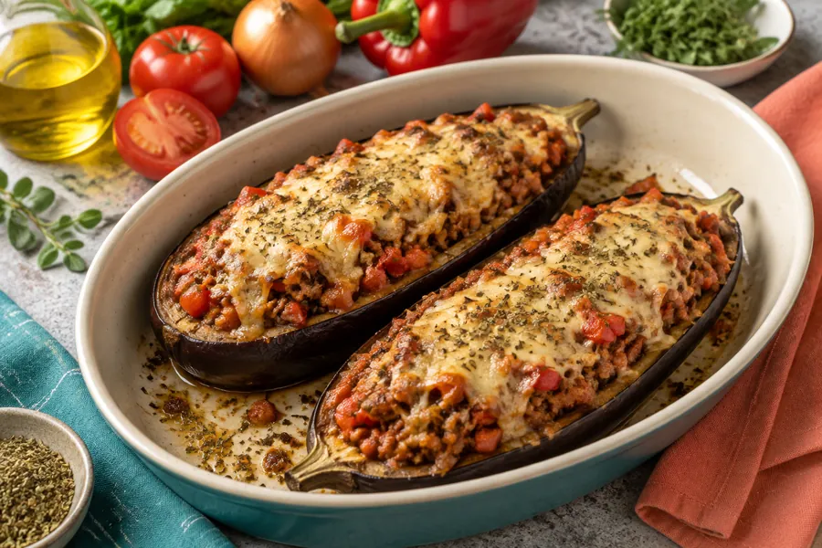 Berenjenas rellenas con carne y vegetales