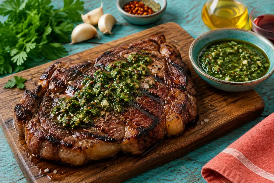 Bife ancho a la parrilla con chimichurri