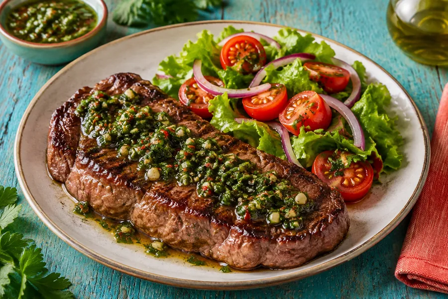 Bife de chorizo con chimichurri y ensalada