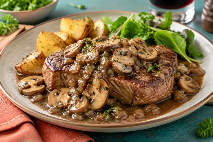 Bife de lomo con salsa de champiñones al vino