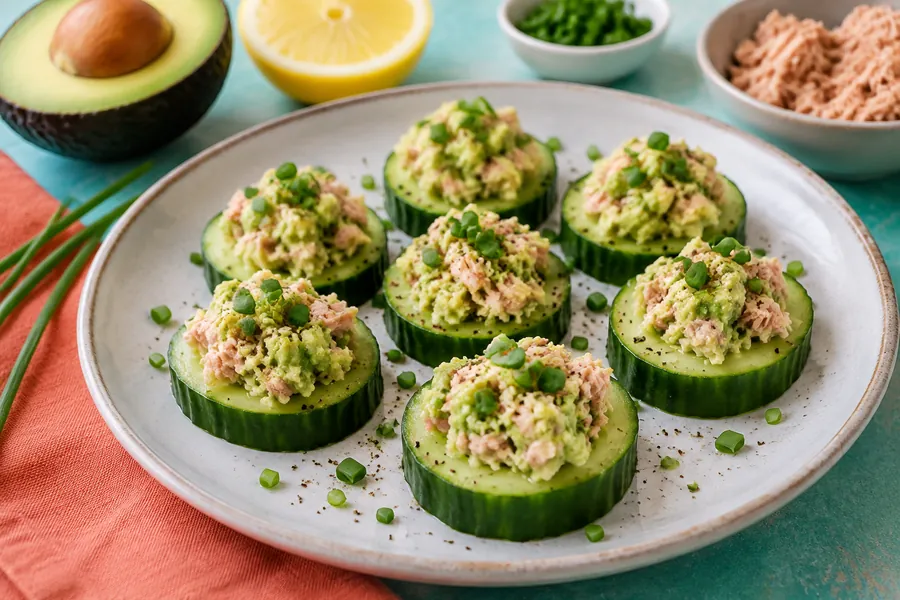 Bocaditos de atún y palta sobre pepino