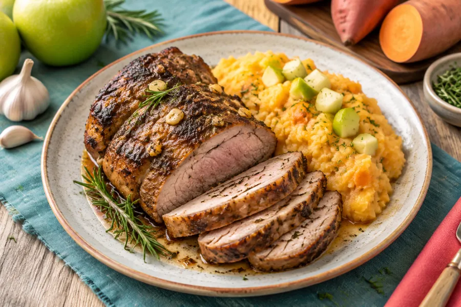 Bondiola al horno con puré de manzana y batata