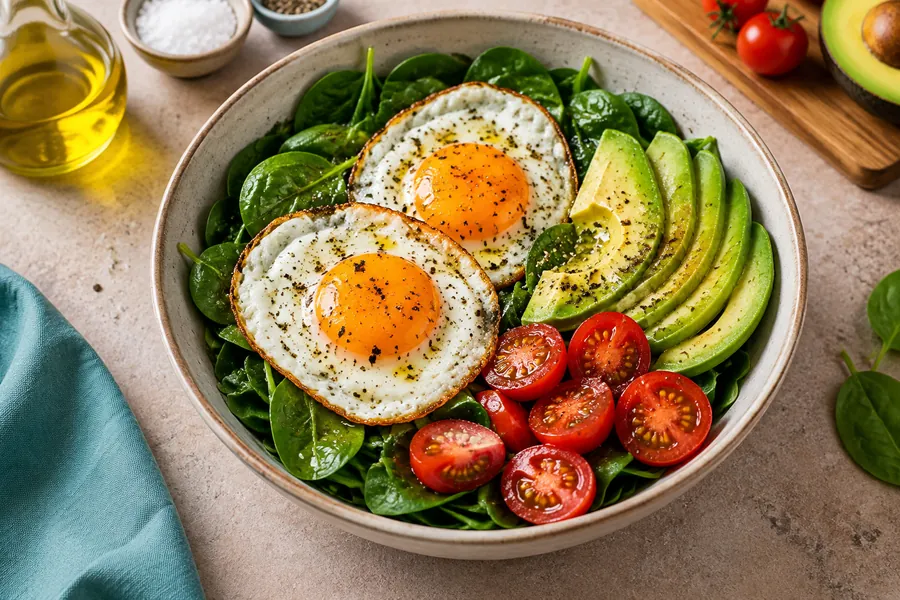 Bowl de proteína con huevo, palta y espinaca
