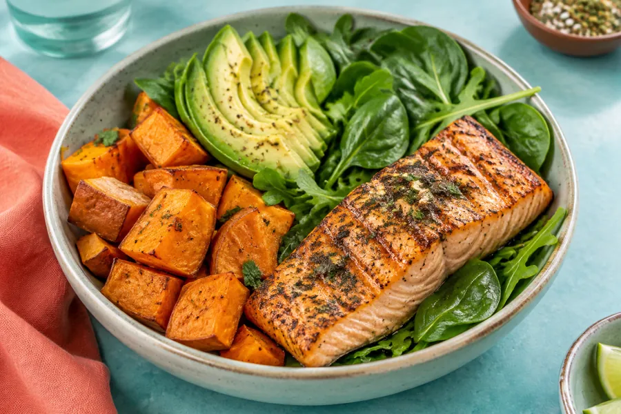 Bowl de salmón grillado, batata asada y vegetales verdes