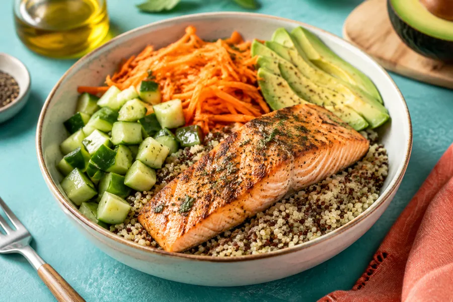 Bowl de salmón grillado con quinoa y vegetales