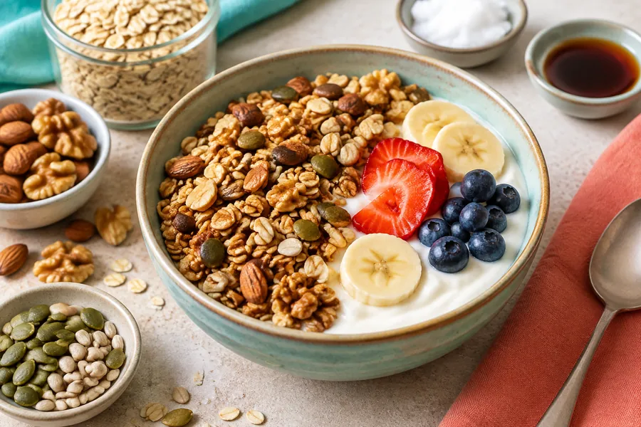 Bowl de yogur vegetal con granola casera sin azúcar