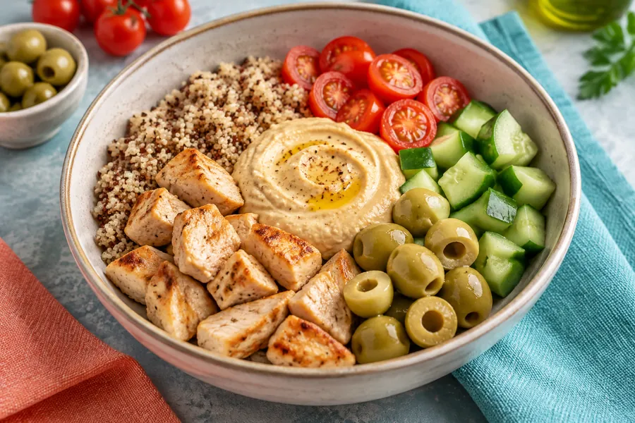 Bowl mediterráneo final: pollo, quinoa, hummus y vegetales
