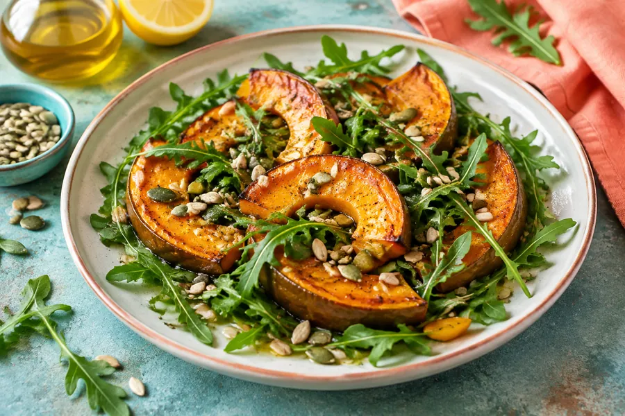 Calabaza asada con rúcula y semillas