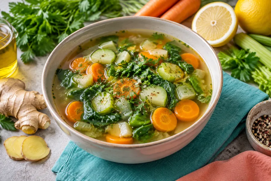 Caldo claro de verduras con jengibre
