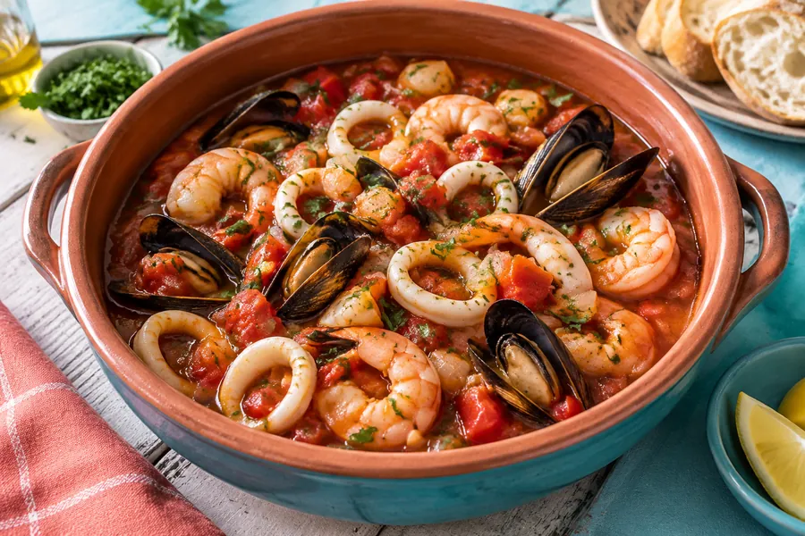 Cazuela de mariscos y vegetales