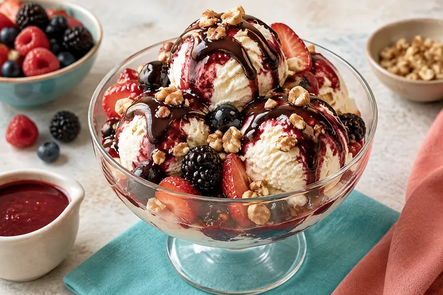Copa de celebración: helado, frutos rojos, chocolate y