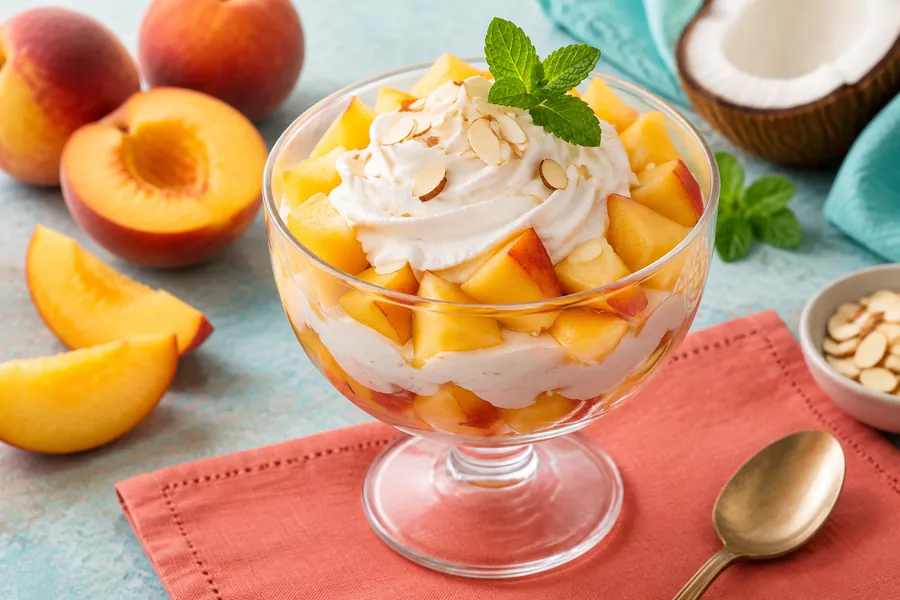 Copa de duraznos y crema de almendras