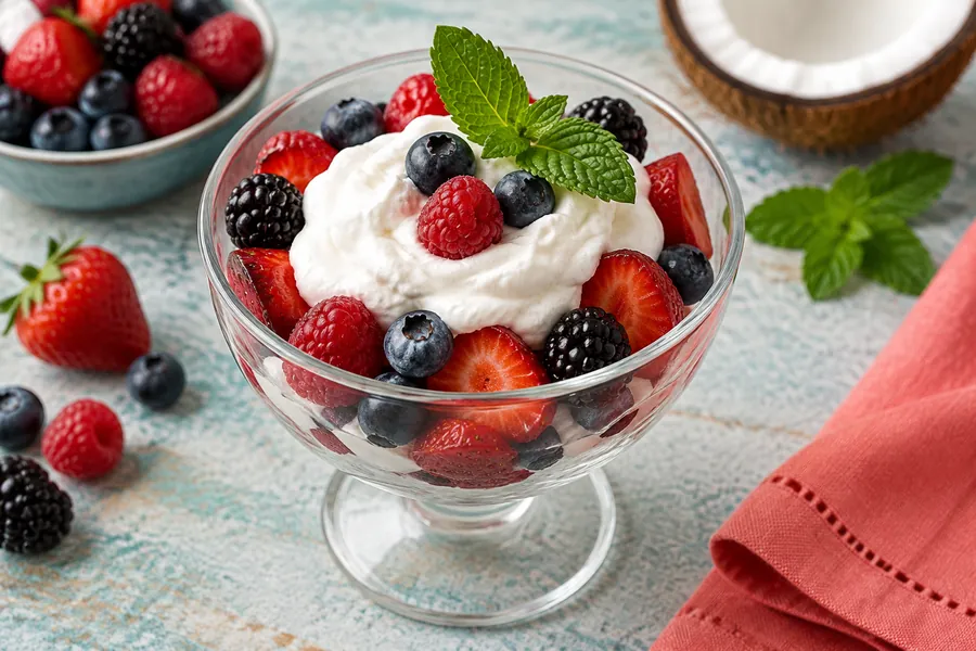 Copas de frutos rojos con crema batida de coco