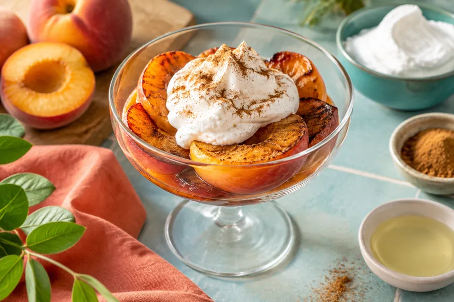 Copita de duraznos asados con crema de almendras