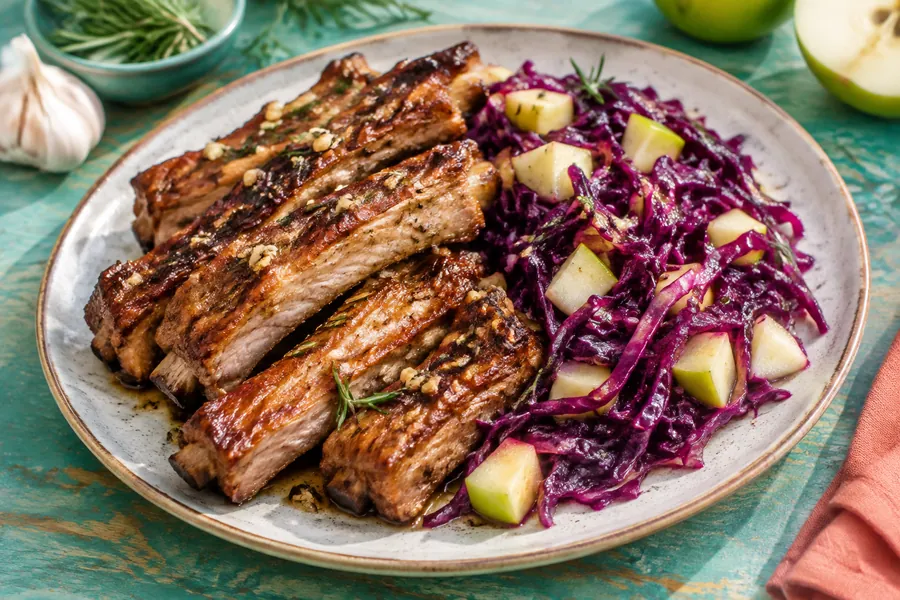 Costillitas de cerdo al horno con repollo colorado