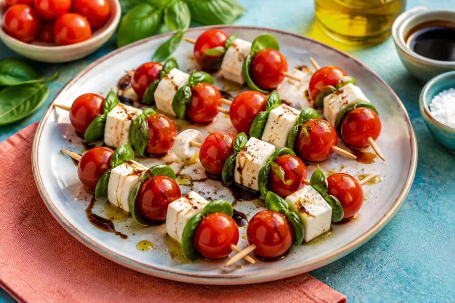Ensalada caprese en mini brochettes