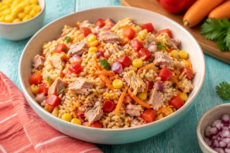 Ensalada de arroz integral con vegetales y atún