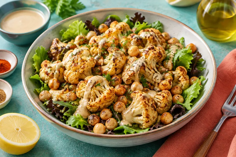 Ensalada tibia de coliflor asada y garbanzos especiados