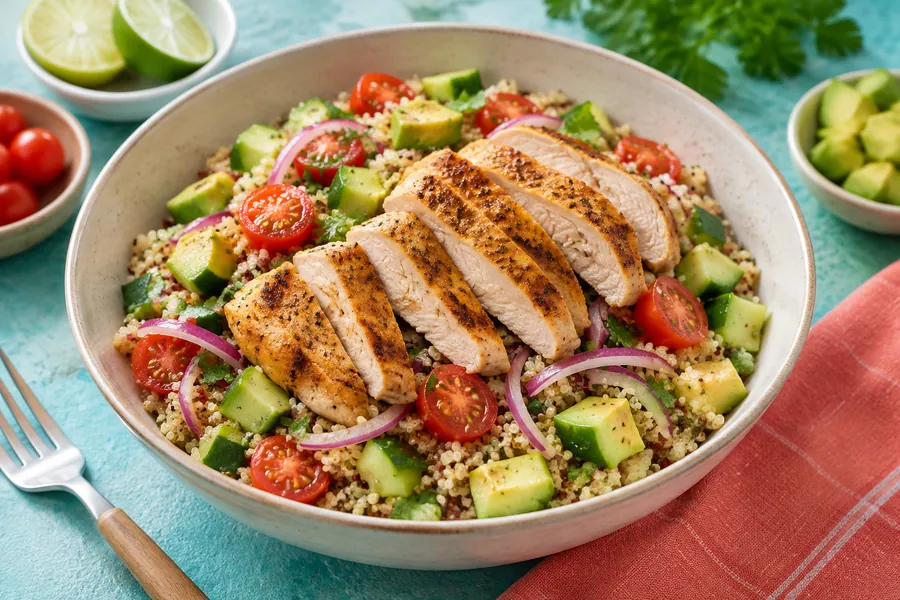 Ensalada tibia de quinoa con pollo grillado
