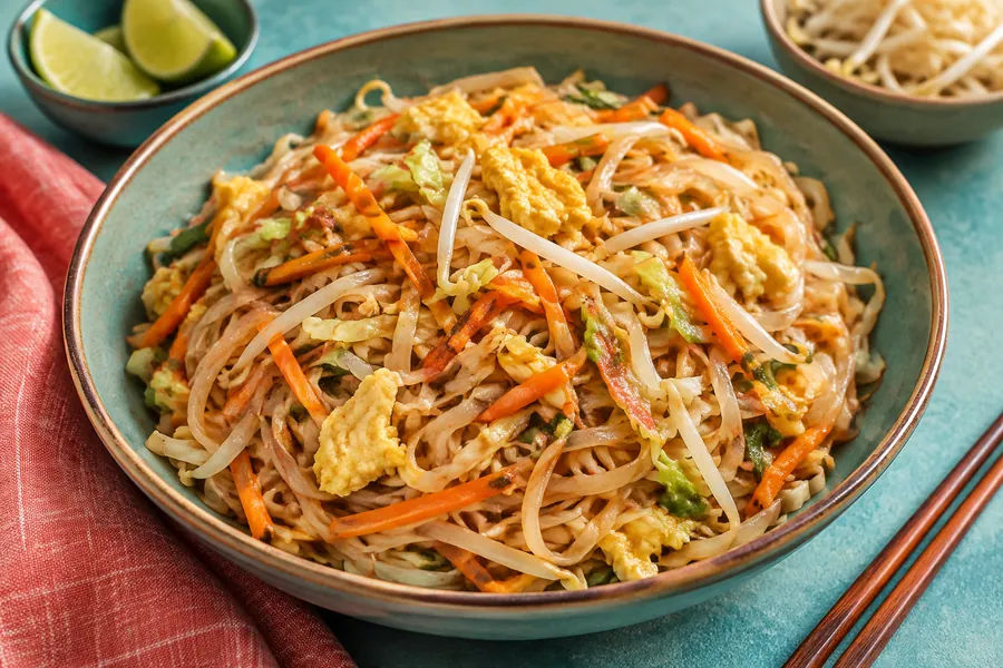 Fideos de arroz salteados con vegetales y huevo, estilo pad