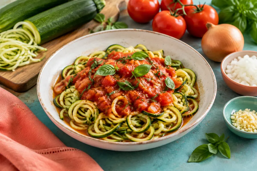 Fideos de zucchini con salsa de tomate y albahaca