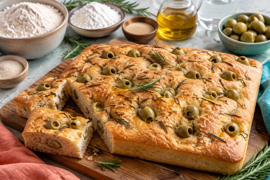 Focaccia sin gluten con romero y aceitunas