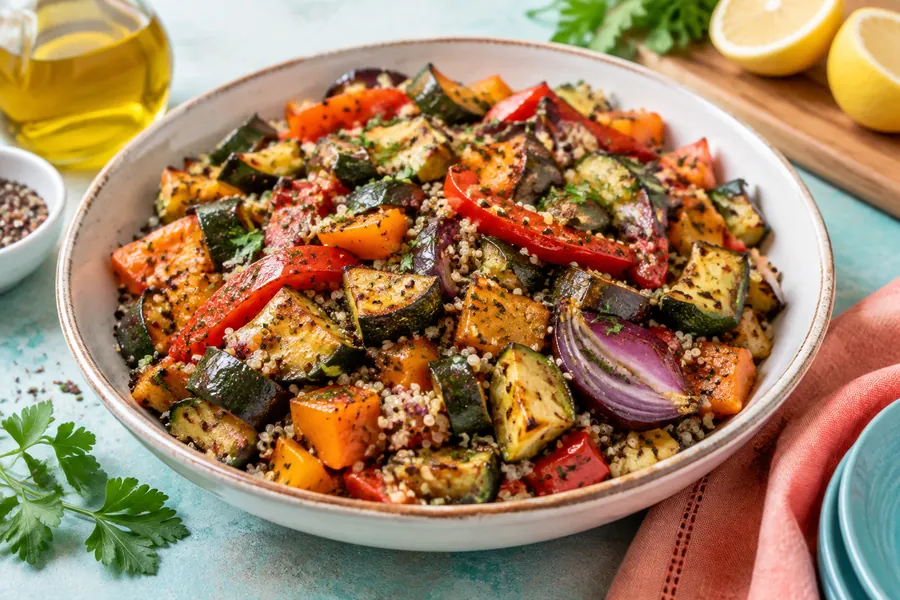 Fuente de vegetales asados con quinoa
