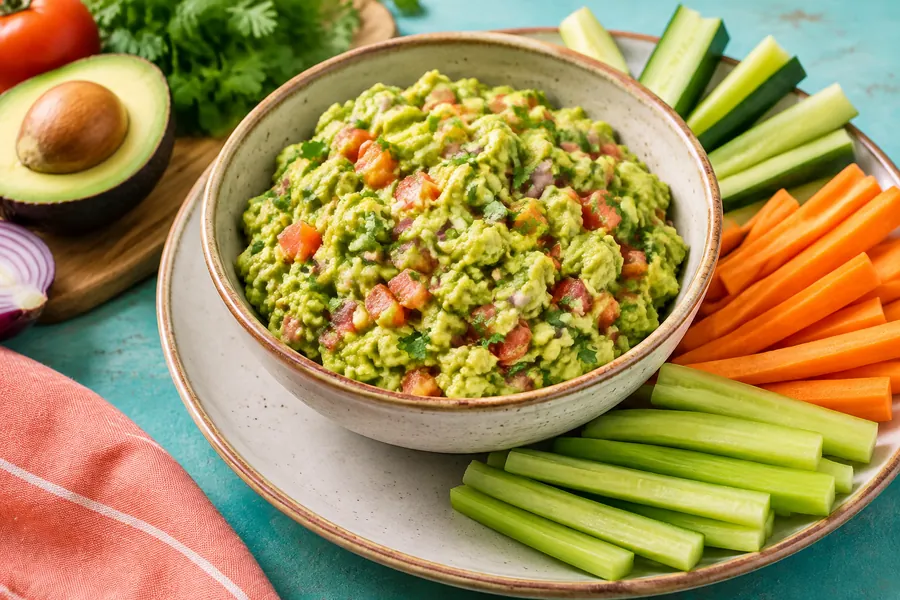 Guacamole clásico con bastones de vegetales
