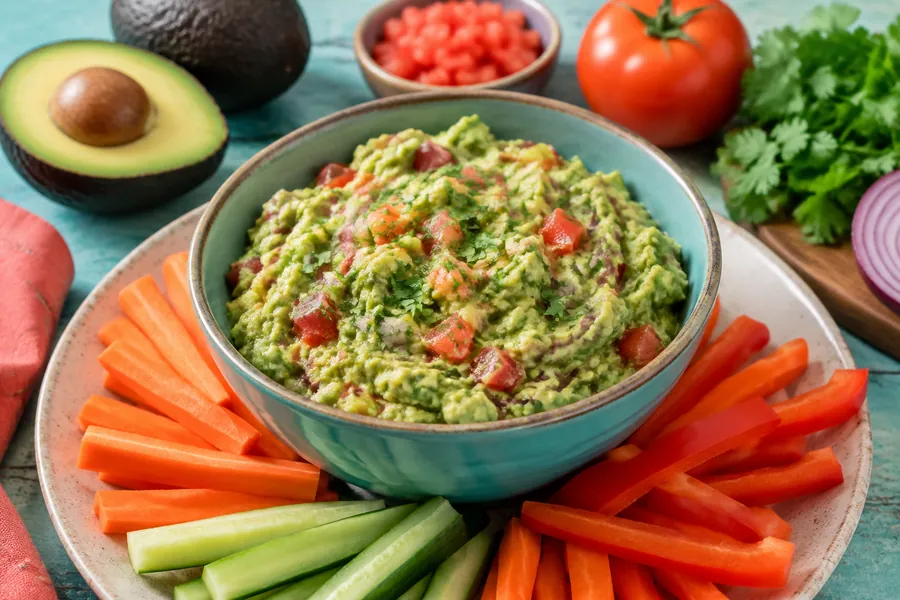 Guacamole picante con bastones de vegetales