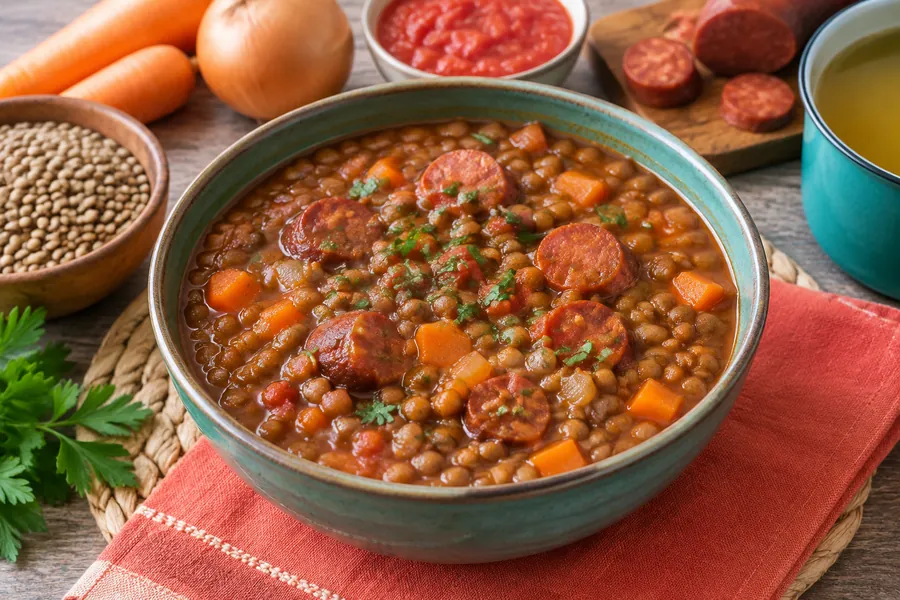 Guiso de lentejas con chorizo colorado apto