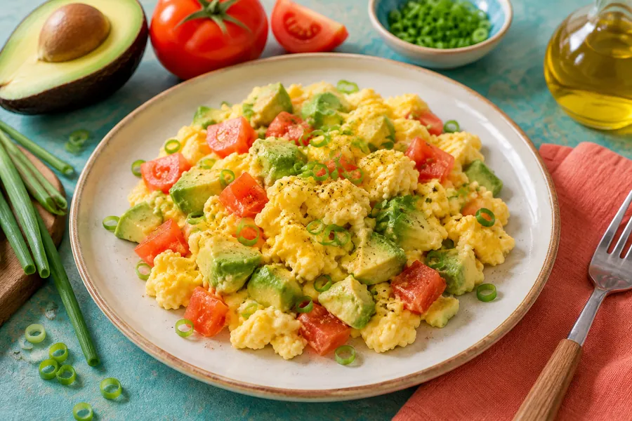 Huevos revueltos con palta y tomate