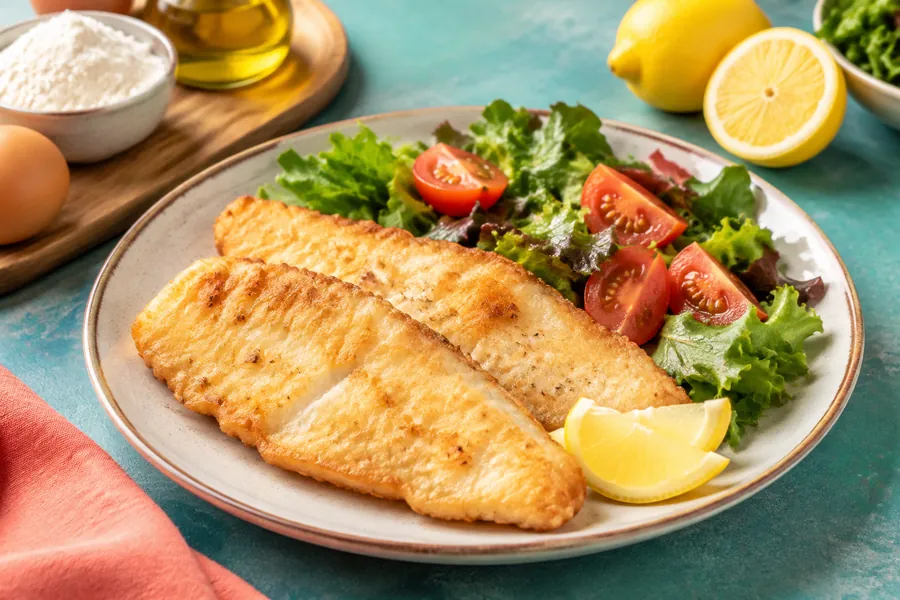 Merluza a la romana sin gluten con ensalada