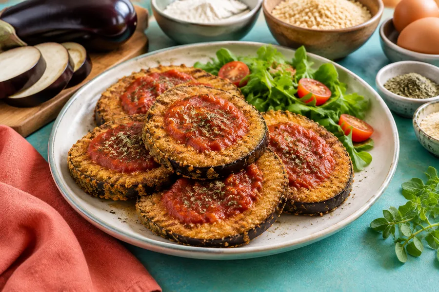 Milanesas de berenjena al horno con salsa de tomate