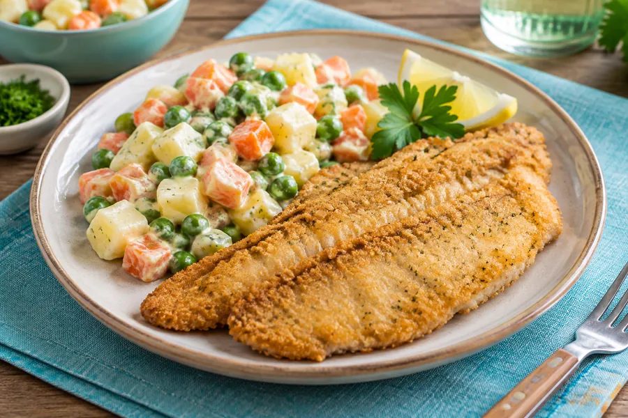 Milanesas de merluza al horno con ensalada rusa apta