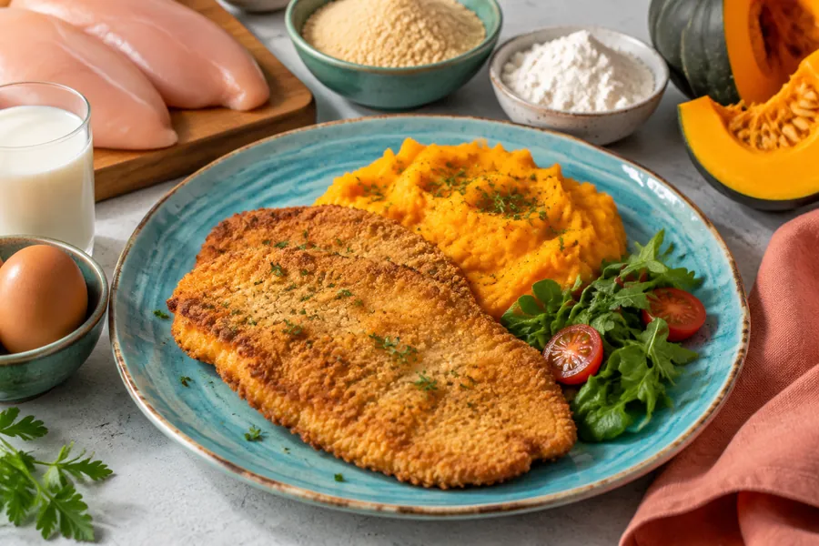 Milanesas de pollo al horno con puré de calabaza