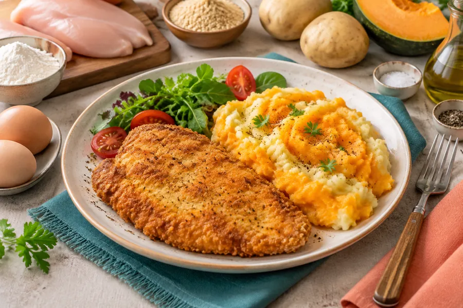 Milanesas de pollo con puré mixto de papa y calabaza