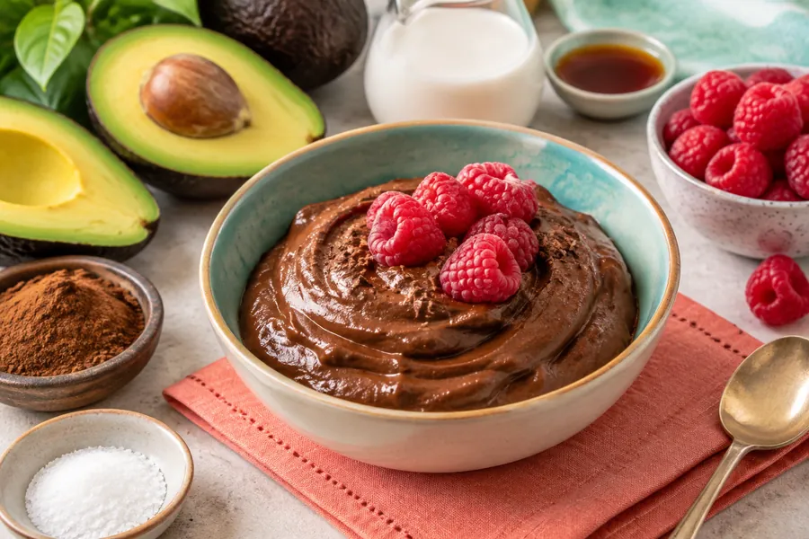 Mousse de chocolate amargo y palta con frambuesas