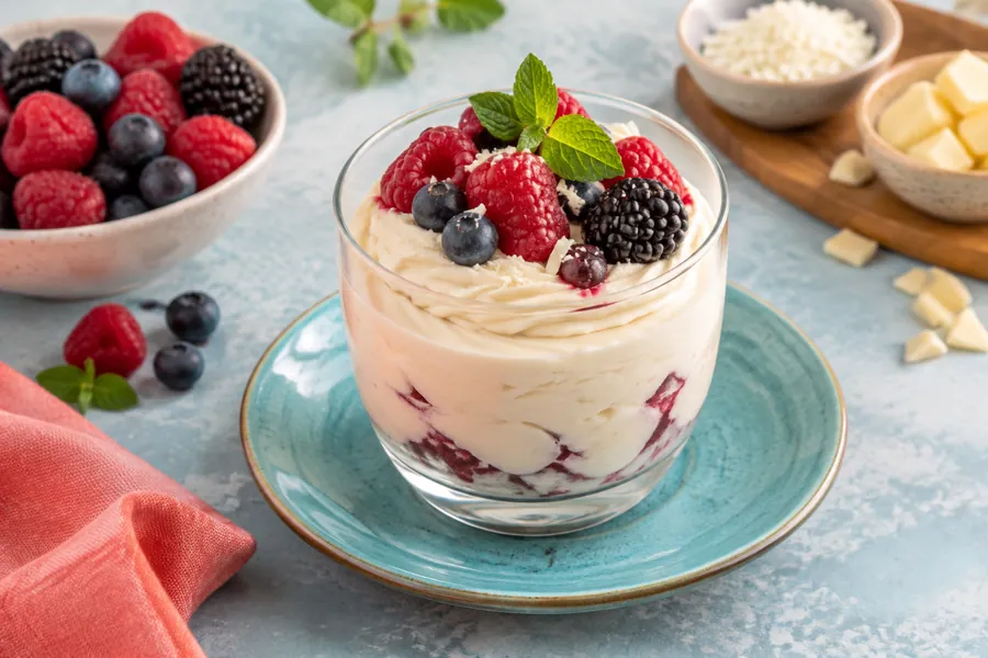 Mousse de chocolate blanco (falso) y frutos rojos