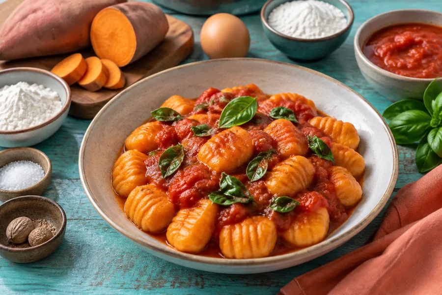 Noquis de batata con salsa de tomate y albahaca