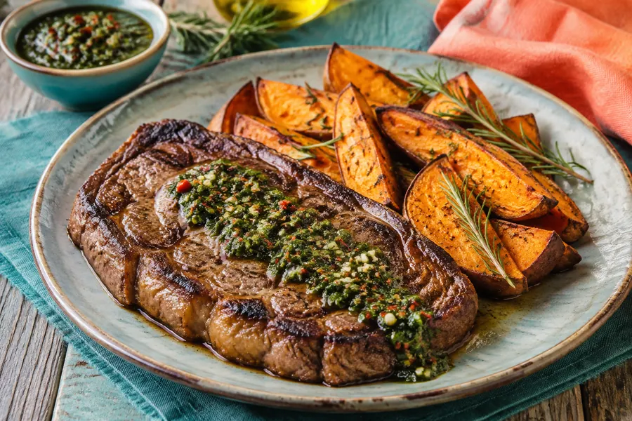 Ojo de bife con chimichurri y batatas asadas