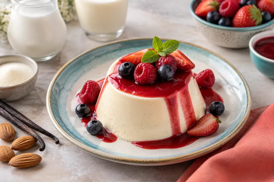 Panna cotta de vainilla con coulis de frutos rojos