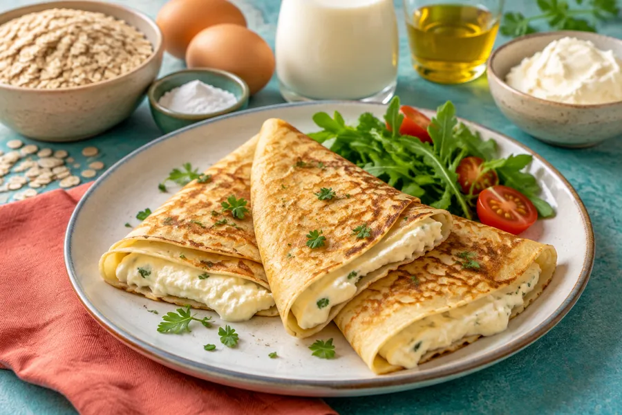 Panqueques de avena rellenos con queso vegetal y