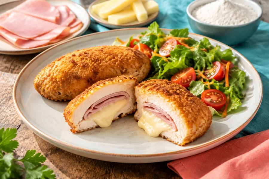 Pechugas rellenas de jamón y queso vegetal (Kiev libre)