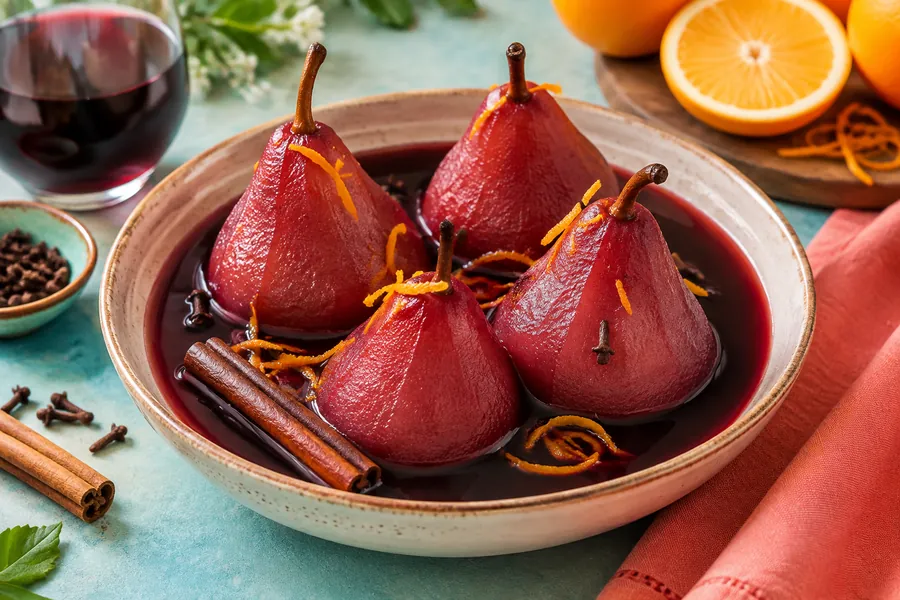 Peras al vino tinto especiado (sin azúcar)