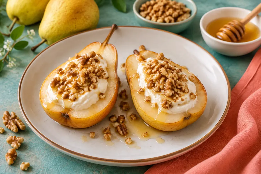 Peras rellenas de queso vegetal y nueces