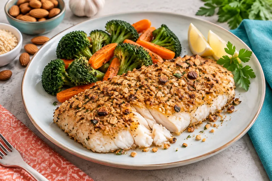 Pescado al horno con costra de almendras